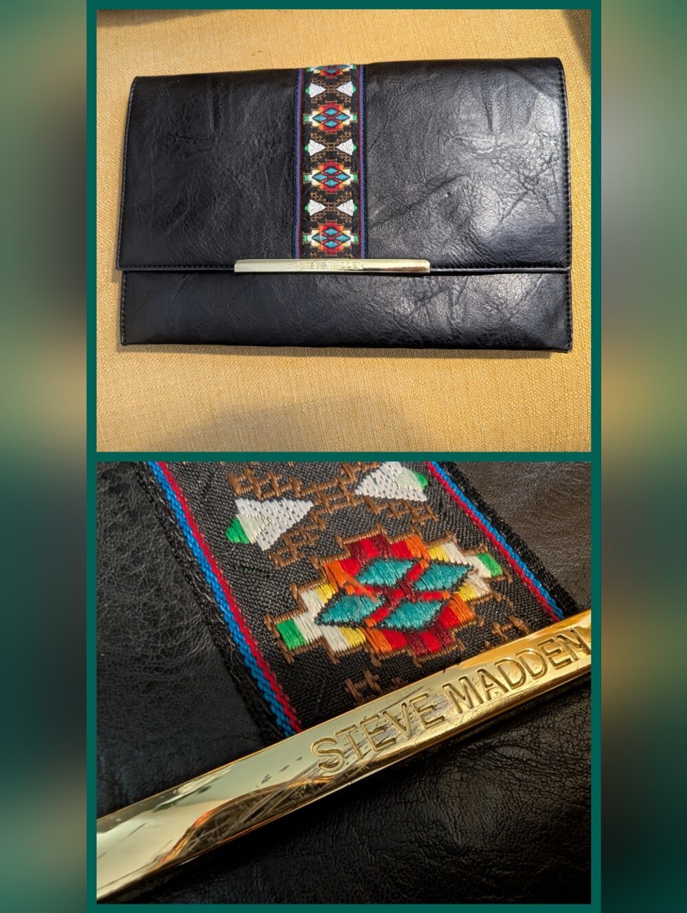 Steve Madden Black Clutch with Colorful Aztec Embroidery, Magnetic Closure